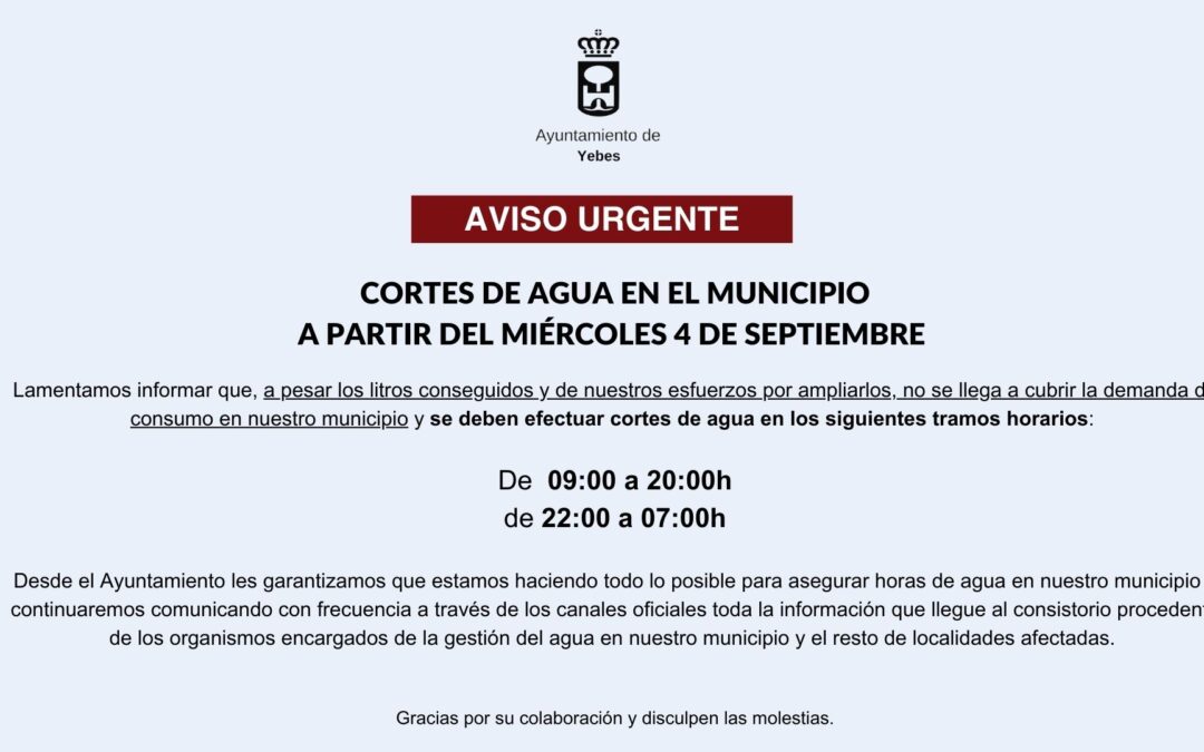🔴 AVISO URGENTE: Cortes de agua en el municipio a partir del miércoles 4 de septiembre