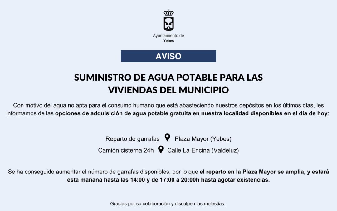 🔵 AVISO: Suministro de agua potable para las viviendas del municipio