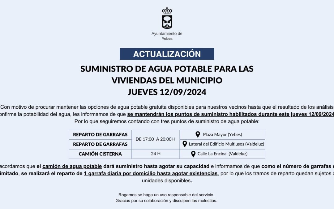 🔵 ACTUALIZACIÓN: Suministro de agua potable para las viviendas del municipio JUEVES 12/09/2024