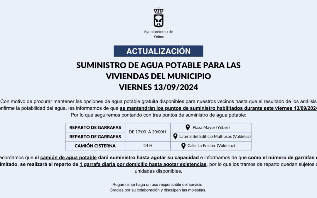 🔵 ACTUALIZACIÓN: Suministro de agua potable para las viviendas del municipio VIERNES 13/09/2024