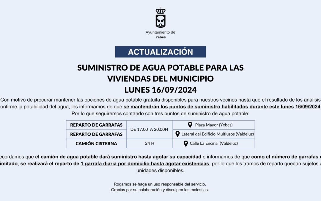 🔵 ACTUALIZACIÓN: Suministro de agua potable para las viviendas del municipio LUNES 16/09/2024